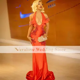 Red Mermaid Prom Dress for Black Girl Satin African Women Pageant Evening Party Gowns Halter Vestido de Graduacion