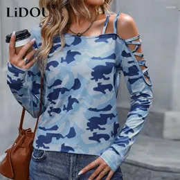 Damen T-Shirts Frühling Herbst Streetwear Off The Shoulder Hollow Out T-Shirt Lady Langarm Printted All-Match Pullover Top Damenmode