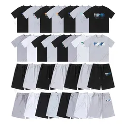 Trapstar Mens T-shirt byxor 2 stycken uppsättningar designer regnbåge handduk broderi avkodning tshirts mäns svarta vit runda nacke t-shirt