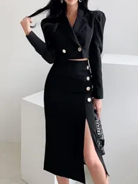 Zwei Stück Kleid Herbst Frauen Elegante Casual Blazer Röcke Anzug Vintage Crop Jacken Sexy Midi Saya Stücke Set Weibliche chic Outfits