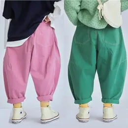 Trousers Fashion Baby Girl Jean Pants Cotton High Waist Infant Toddler Child White Pink Button Loose Pant Clothes 1-7Y