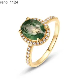 Fine Jewelry Sterling Silver Oval Natural Green Moss Agate Ring Dainty Gold Plated Aquatic Agate CZ Diamond Wedding Ring