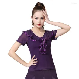 Scene Wear Women Tango Ballroom Latin Topps Waltz Standard Modern Dance Blues Performance Top Short Sleeves Female Ball Shirt