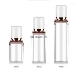 저장 병 15ml 30ml 50ml 진주 화이트 로즈 골드 스퀘어 모양 아크릴 에어로스 병을위한 에멀젼 재단 액체 화장품