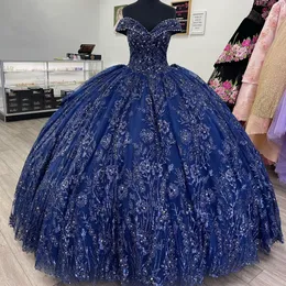 Blue Sparkly Quinceanera Dresses 2024 Formell lyxparti Beading Lace Applicques Sweet 15 Dress Graduation Ball Gwon klänningar