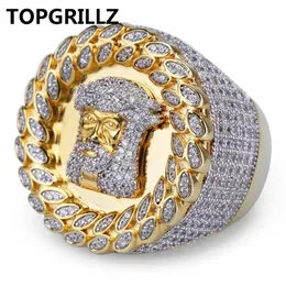 Fedi nuziali TOPGRILLZ Arrivo Hip Hop Uomo Anello Rame Colore oro Micro pavimentato AAA CZ Pietra Faraone Rotondo con 8 9 10 11 12 231101