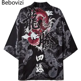 Roupa étnica bebovizi dragão impressão yukata homens mulheres moda cardigã blusa solta haori obi roupas asiáticas harajuku cosplay japonês kimono 230331