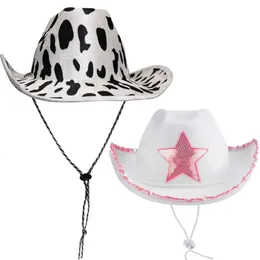 Wide Brim Hats Bucket Pink Star White Cowgirl Hat Sequin Trim Fringe Cow Girl Adjustable Cowboy Neck Draw String Costume Party Play Dress Up 231101