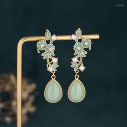 Boucles d'oreilles pendantes fleur de Jade vert véritable amulettes en argent 925 accessoires cadeaux naturels femmes bijoux clous d'oreille pierre Vintage mode