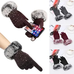 Cycling Gloves Women Thicken Warm Rhinestone Windproof Touch Screen Mittens Shiny Cashmere Faux Fur