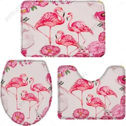 Bath Mats 3 Piece Mat Bathroom Accessories Watercolor Flamingo And Flowers Set Area Rug Memory Foam