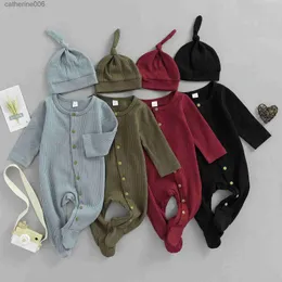 Jumpsuits infant Newborn Baby Boys Girl Solid Footies Set Round Neck Long Sleeve Button-Down Ribbed Feet Wrap Jumpsuit + HatL231101