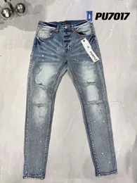 Kvinnors jeans 2023SS ljusblå lila varumärke Denim Men S sträcka skadade high street förstörda hål rippade skrapgata 231101