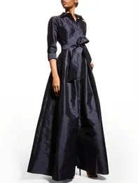 Elegantes, langes Taft-Kleid für die Brautmutter in Marineblau mit Schleife/Taschen, A-Linie, V-Ausschnitt, bodenlang, Kleid für die Mutter des Bräutigams, Patenkleid für Frauen