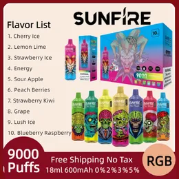 Authentic Vapes Sunfire 9000Puffs 9K Puff Disposable Ecigarettes 0% 2% 5% 600mAh Batterimes COL COLCHARGABEABELT RGB LIGHT VAPE FUNKTIONER 18 ML VAPE 7K 12K PULDS VAPERS