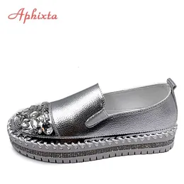 Dress Shoes Aphixta Crystals Round Toe Leather Flats Shoes Women Silver Bling Loafers Couple Platform Shoes Woman Flat With Students Size 43 231031