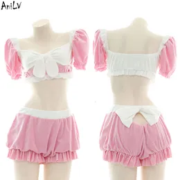 Ani 2022 pama festa menina anime lolita bonito pelúcia pijamas unifrom feminino kawaii rosa empregada lingerie roupa cosplay traje