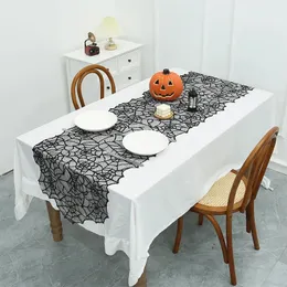 Bordslöpare halloween bordsduk spets varp stickning spindel web julfest dekoration prop ihålig ut svart löpare textil linne 50*205 231101