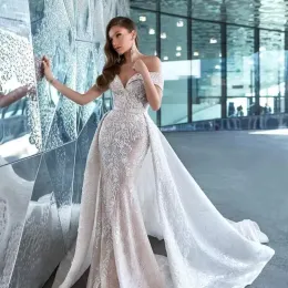 Spitzen-Meerjungfrau-Vintage-Hochzeitskleid mit abnehmbarer Schleppe, schulterfrei, applizierte Brautkleider, Arabisch, Aso Ebi, Vestido De Novia, Übergröße 2023