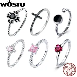 솔리테어 링 wostu 925 스털링 실버 크로스 러브 하트 밴드 반지를위한 S925 Black Rose Red Pink CZ Jewelry 웨딩 액세서리 선물 231031