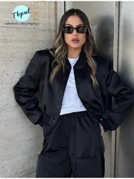 Giacche da donna Casual Bomber in raso Giacca Donna Moda monopetto O Collo Cappotto corto 2023 Chic Manica lunga Capispalla da baseball femminile