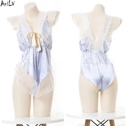 Ani Donne Romantico Retro Pizzo Con Scollo A V Tuta di Seta Pamas Costume Sexy Girl Casa Accappatoio Uniforme Lingerie Sukumizu Cosplay