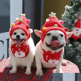 Vêtements de chien Vêtements de chien Chapeau de Noël pour animaux de compagnie Mignon Bois Serviette de salive pour chat Vêtements Fournitures Casquettes de fête Accessoires chauds d'hiver Drop DHXT7