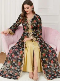 Ethnic Clothing Elegant Printing Muslim Dress Two Pieces Set Middle East Women Gowns Floral Long Sleeves Cardigan With Inner Dresses Robe