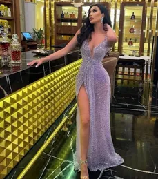 Sexy V Neck Long Prom Party Dress 2024 For Black Girl Beads Crystals Sequined Silt Birthday Gowns Formal Evening Dreses Robe De Soiree