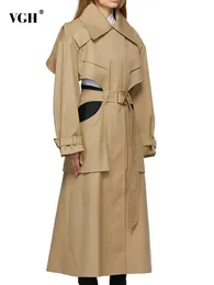 Kvinnors dike rockar VGH Korean Fashion Women's Trench Coat Lapel Hollow Out Belt Long Sleeve Solid Minimalist Windbreaker Kvinna Autumn 231031