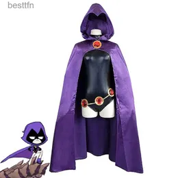 Anime Costumes Teen Titans Raven Cosplay Come Erhero Cloak Jumpsuits Zentai Halloween Tight Clothes + Cape + midje smycken Chainl231101