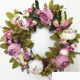 Decorative Flowers Wreaths Decorative Flowers Flower Garland Artificial Wreaths Silk Rose Peony Round Rattan Simation For Wedding Pa Dhai6