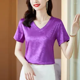 Dames Blouses TingYiLi V-hals Bloemen Jacquard Satijnen Top Dames Zomer Korte mouw T-shirts Koreaans Modieus Kantoor Dames Paars Blauw Wit