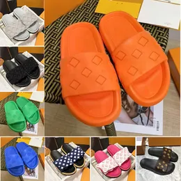 Designers Slippers Slides Pool Prohtow Mules Mulheres sandálias luxuosas Sunset conforto Flor Mulas acolchoadas Corrente dianteira Limpadores de laranja de moda Fácil de vestir