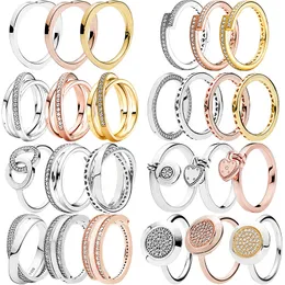 925 srebrne kobiety dopasowane Pandora Pierścień Oryginalne serce Crown Pierścienie moda Rose Gold Heart Pave Logo przezroczyste cyrkon CZ nakładanie się