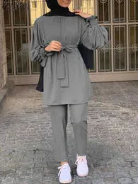 Rukas 2st kvinnor långärmad blusbyxor set eleganta casual dubai kläder islamiska kläder solida urban träning muslimska uppsättningar