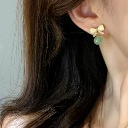 Dangle & Chandelier 2023 2023 New Bow Cat's-Eye Stone Earrings Female High-Class Niche Temperament Simple Pearl Earrings Green Retro Delicate Earrings