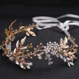 Headbands Fashion Headbands For Women Vintage Golden Headwear Crystal Leaves Bridal Hairdband with Ribbon Wedding Hair Accessories Jewelry 231102