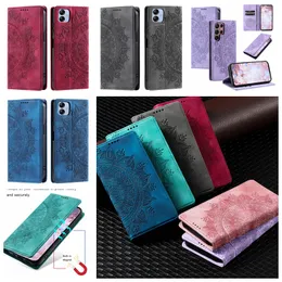 Capas carteira de couro para Samsung S24 S23 FE Ultra S22 Plus A15 A05 A05S A54 A34 A14 A73 Chupar fecho magnético Datura Flower Totem Lace Card Slot Mandala Flip Cover Bolsa