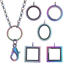 10pcs lot Rainbow color Round Floating Charms Locket Pendant for women Necklace Magnetic Memory Living Glass Locket With Chains Y12645