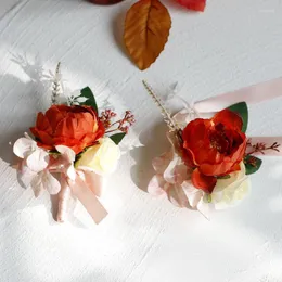チャームブレスレットガールフローラルリストコサージリボンローズブライドメイドの花groom手weddingboutonnieres結婚プロムアクセサリー