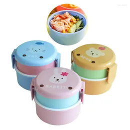 Servis uppsättningar 540 ml Animal Lunch Box dubbelskikt runda mini Bento Children's Fruit Snack Microwave Kids