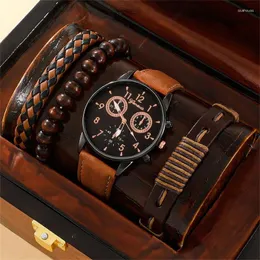 Наручные часы, мужские часы, роскошный комплект браслетов, модные деловые коричневые кожаные кварцевые наручные часы для подарка, Relogio Masculino