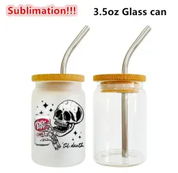 NEW 3.5oz mini sublimation glass cans shot glasses tumblers Sublimation glass jar with bamboo Lid Drinking Glasses with Reusable Straw for DIY