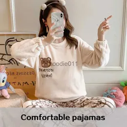 Conjunto de pijamas de inverno feminino de duas peças para mulheres desenho animado engrossado calças de trenó longo quente confortável flanela conjunto de loungewear feminino L231102