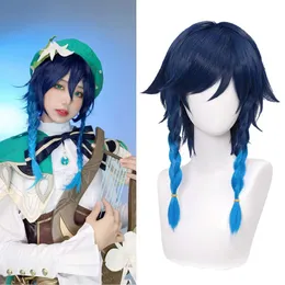 Venti Ombre Blue Braided Cosplay for Genshin Game Gradient Party Wig Unisexアニメコスチュームアクセサリーハロウィーン