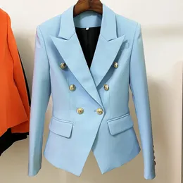 Frauenwesten Sky Blue Blazer Frauen Frauen Mantel Fashion Metal Schnalle Doppelbrust Goldknöpfe Anzug Blue Blazer 231101