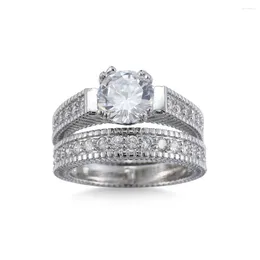 Küme halkaları lüks katı 925 sterling gümüş 2-pcs düğün nişan yüzüğü kadınlar için gelin seti 1 ct prenses kesim mücevher boyutu 6789 10 11