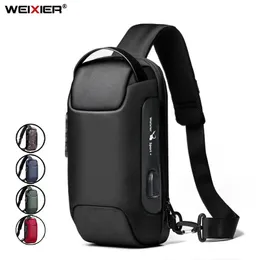 Midjepåsar Weixier axelväska för män vattentät USB -man crossbody antitheft kort rese messenger sling modedesigner bröst 231101