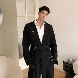Men's Suits & Blazers Male Streetwear Fashion Hip Hop Vintage Suit Blazer Jacket Outerwear Men Pin Belt Casual Slim Fit Coat